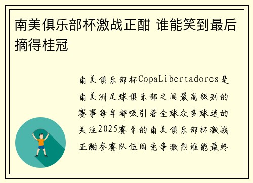南美俱乐部杯激战正酣 谁能笑到最后摘得桂冠 南美俱乐部杯激战正酣 谁能笑到最后摘得桂冠